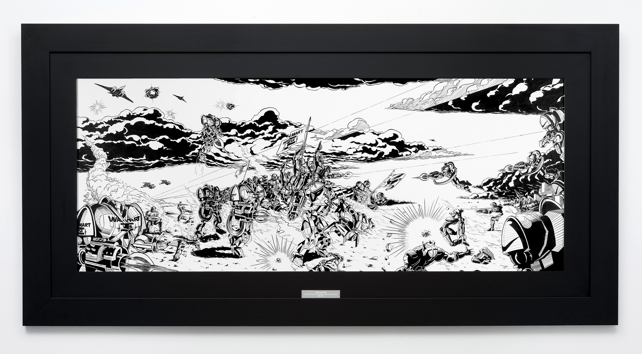 «Great Unified Wal-Mart / Visa Army seizes all Nike factories in Southern Asia», 2008, Ink on paper and frame with plate, 117 x 230 cm